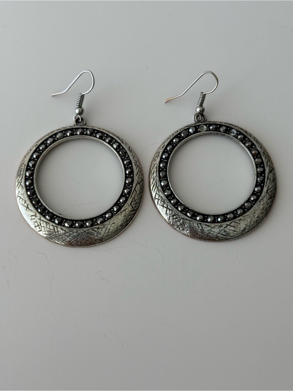 Round Hoop Dangle Earrings in Silver with Black Accents